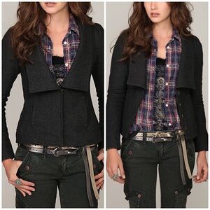 Free People Herringbone Puff Sleeve Jacket 8 black gray blazer wool